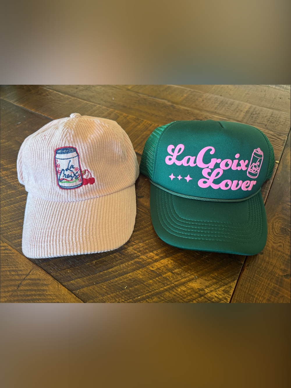 LaCroix Lover Green Trucker Hat and Pink Corduroy hat